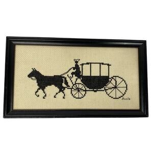 Vintage Counted Cross Stitch Horse & Carriage In Frame